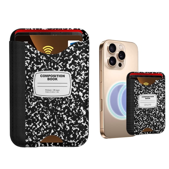 WIRESTER Leather Magnetic Card Holder Wallet for MagSafe, Cute Stick-On Phone Accessory Compatible with iPhone 17/16/15/14/13/12 Series – Black Composition Book