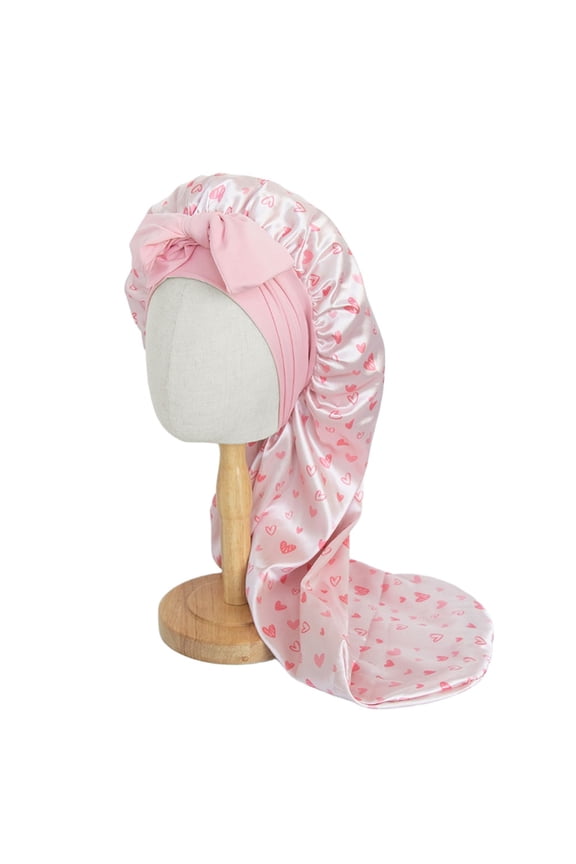 Long Satin Bonnet for Women, Adjustable Tie Band Sleep Cap with Double Layer for Braids & Long Hair - Pink Hearts Pattern