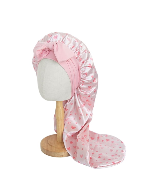 Long Satin Bonnet for Women, Adjustable Tie Band Sleep Cap with Double Layer for Braids & Long Hair - Pink Hearts Pattern