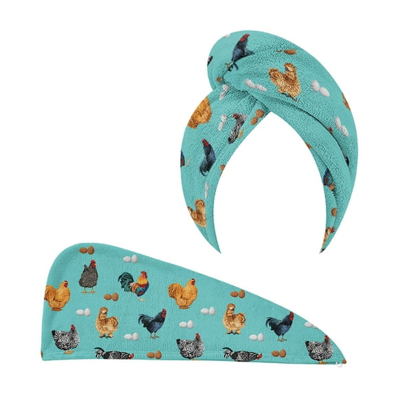 WIRESTER Microfiber Hair Towel, Hair Turbans for Wet Hair, Drying Hair Wrap Towels for Women Wet, Curly, Longer,Thicker Hair - Barnyard Chicken Roosters Teal Background