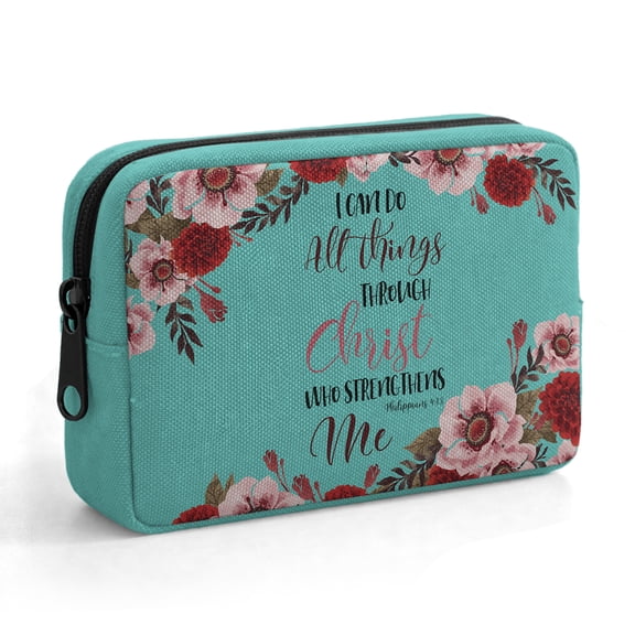 WIRESTER Mini Cosmetic Pouch, Travel Makeup Bag with Zipper, Small Toiletry & Cable Organizer Case for Women and Girls – Christian Bible Verses Philippians 4:13