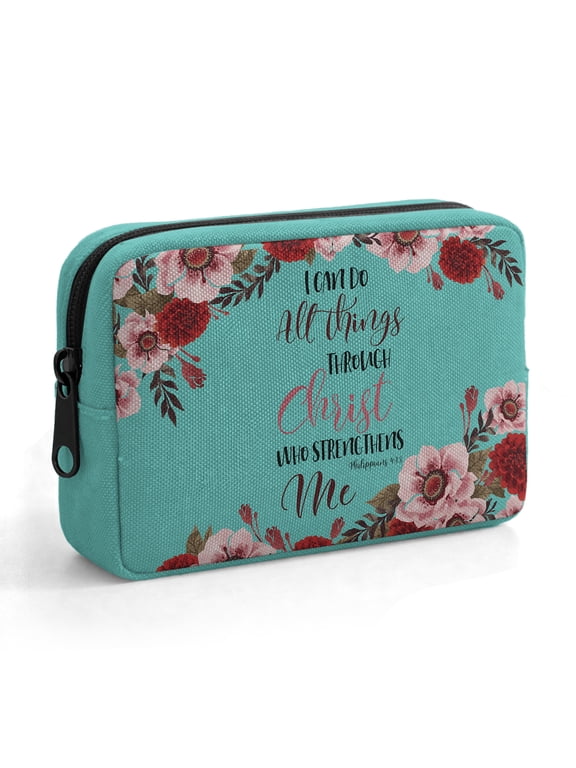 Mini Cosmetic Pouch, Travel Makeup Bag with Zipper, Small Toiletry & Cable Organizer Case for Women and Girls – Christian Bible Verses Philippians 4:13