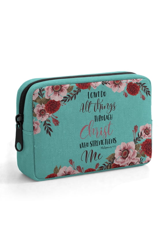 Mini Cosmetic Pouch, Travel Makeup Bag with Zipper, Small Toiletry & Cable Organizer Case for Women and Girls – Christian Bible Verses Philippians 4:13