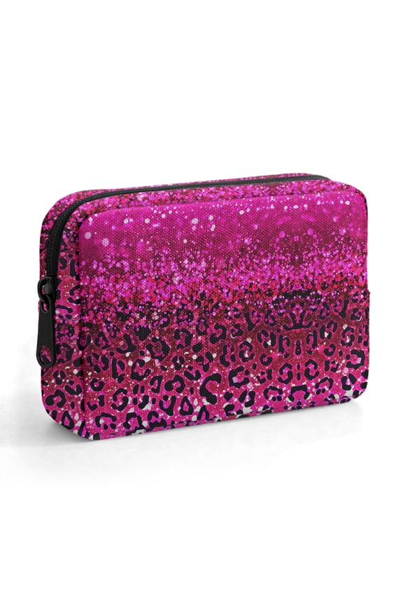 Mini Cosmetic Pouch, Travel Makeup Bag with Zipper, Small Toiletry & Cable Organizer Case for Women and Girls – Hot Pink Glitter Sparkle With Black Pink Glitter Leopard
