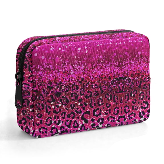 WIRESTER Mini Cosmetic Pouch, Travel Makeup Bag with Zipper, Small Toiletry & Cable Organizer Case for Women and Girls – Hot Pink Glitter Sparkle With Black Pink Glitter Leopard