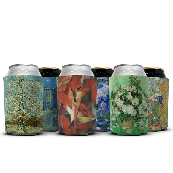 WIRESTER Neoprene Beer & Soda Can Cooler Sleeves Cover, Set of 6pcs, Water Lilies + Flower Garden + The Fox + Starry Night Over The Rhone + The Pink Peach Tree + Vase With Pink Roses Vincent Van Gogh