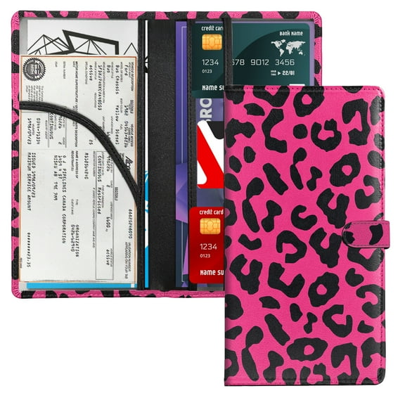 WIRESTER PU Leather Car Registration and Insurance Holder, Car Document Holder, Vehicle Registration and Insurance Card Holder, Wallet Vehicle Paperwork Organizer - Black/Hot Pink Leopard