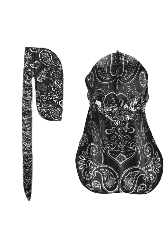 Polyester Durag Cap Straps Headwraps with Long Tail and Wide Straps - Black Paisley