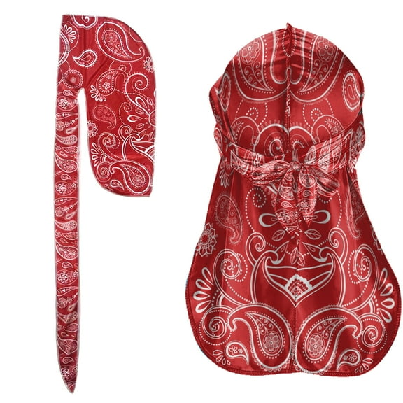 WIRESTER Polyester Durag Cap Straps Headwraps with Long Tail and Wide Straps - Red Paisley