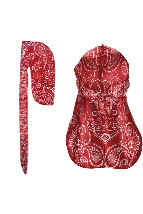 Polyester Durag Cap Straps Headwraps with Long Tail and Wide Straps - Red Paisley