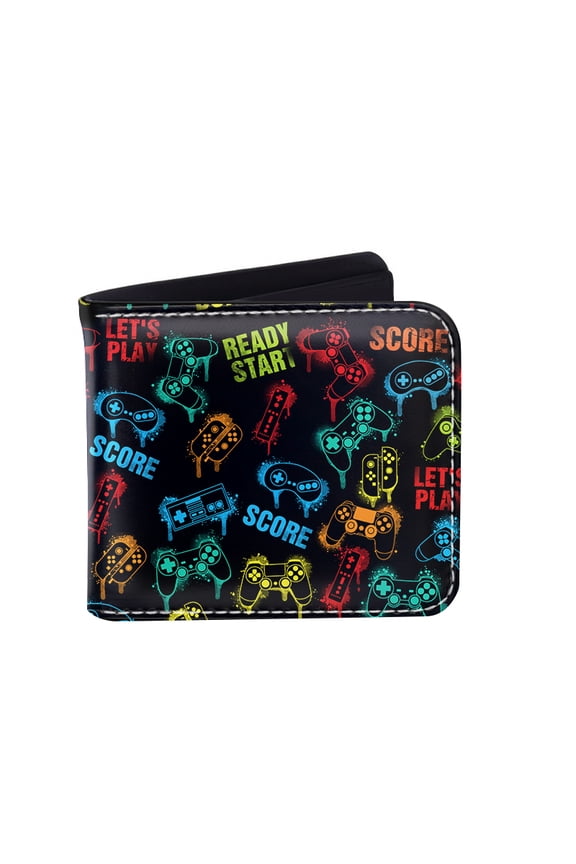 RFID Blocking Bifold Wallet for Men, Slim Leather Credit Card Holder with ID Window - Scary Game Controllers Pattern