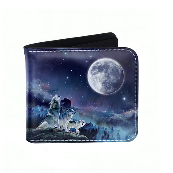 WIRESTER RFID Blocking Bifold Wallet for Men, Slim Leather Credit Card Holder with ID Window - Wolf Pack Moon