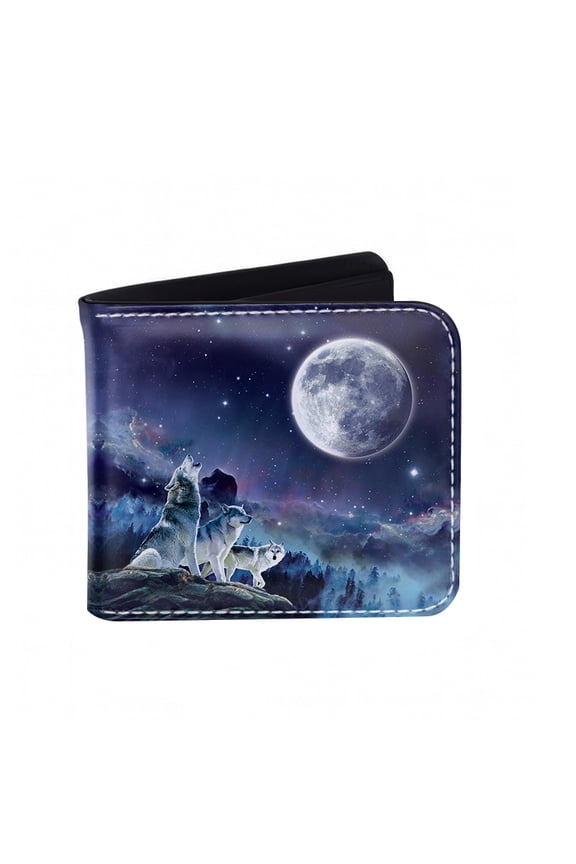 RFID Blocking Bifold Wallet for Men, Slim Leather Credit Card Holder with ID Window - Wolf Pack Moon