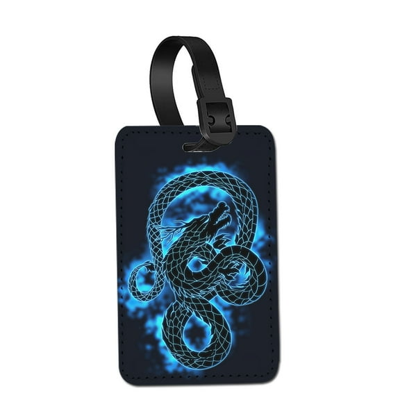 WIRESTER Rectangle PU Leather Luggage Tags for Travel Suitcase Baggage 4.05 x 2.83 inches - Black Dragon Blue Glow