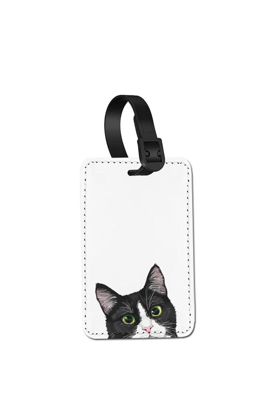 Rectangle PU Leather Luggage Tags for Travel Suitcase Baggage 4.05 x 2.83 inches - Black White Tuxedo Cat