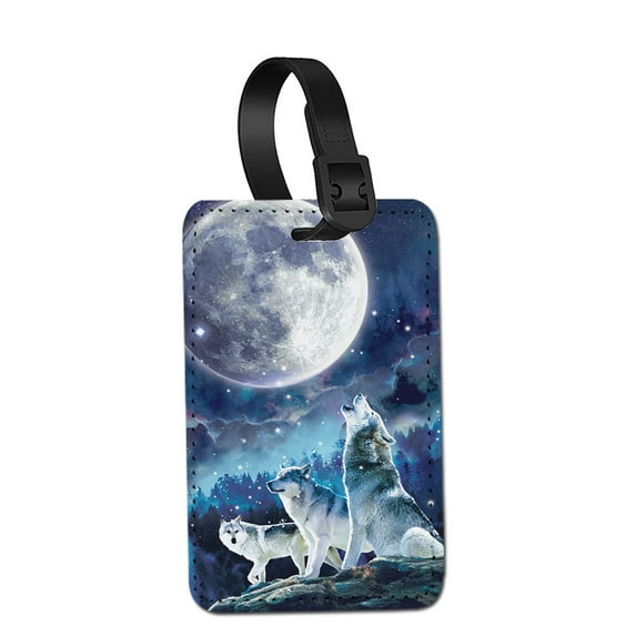 WIRESTER Rectangle PU Leather Luggage Tags for Travel Suitcase Baggage 4.05 x 2.83 inches - Wolf Pack Moon