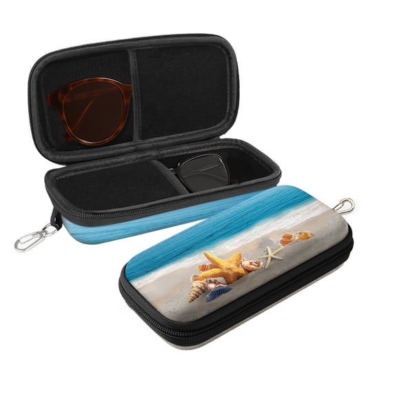 WIRESTER Double Eyeglasses Case, Hard Shell Dual Glasses Holder with Zipper & Keychain Clip - Seashells On The Beach