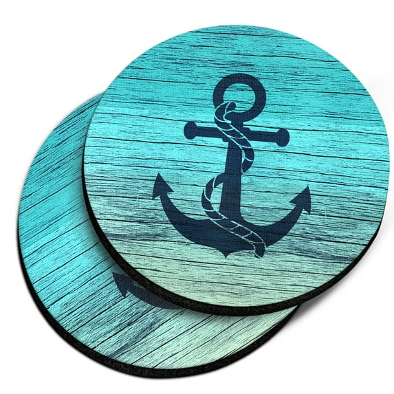 WIRESTER Round Neoprene Car Coaster for Drinks, Set of 2pcs, Blue Anchor Wood