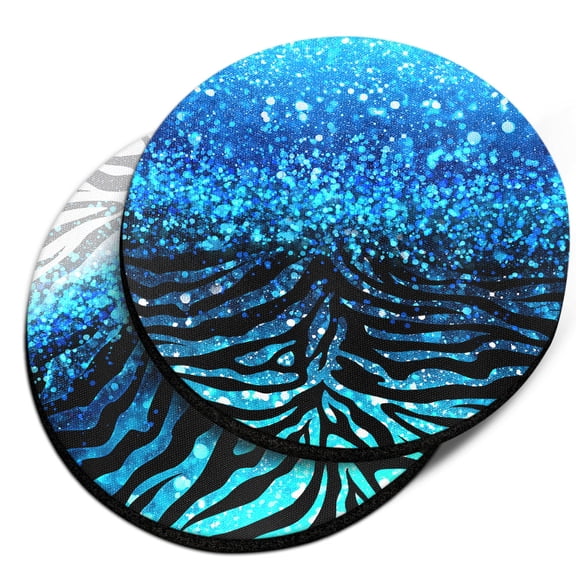 WIRESTER Round Neoprene Car Coaster for Drinks, Set of 2pcs, Blue Glitter Sparkle & Blue Glitter Zebra