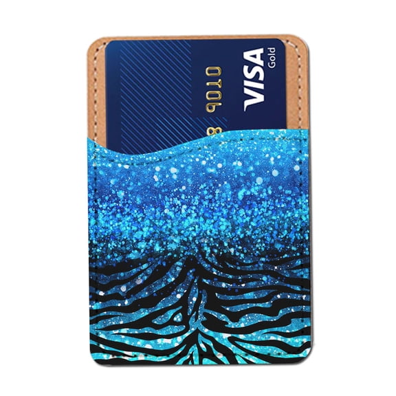 WIRESTER Self-Adhesive PU Leather Card Holder Stick on Pocket Credit Card Case Pouch Wallet for Apple Samsung Motorola LG Smart Phones - Blue Glitter Sparkle With Black Blue Glitter Zebra