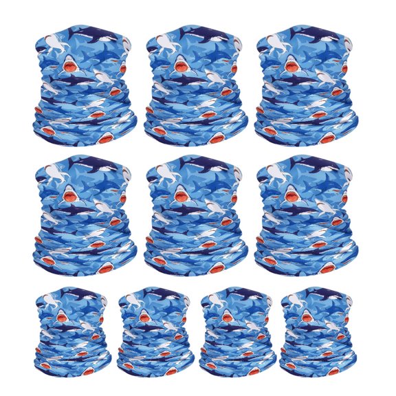 WIRESTER Set of 10pcs Bandana Seamless Tube Mask, Headwear, Scarf for Wear Face Coverings, Running, Cycling, Fishing, UV Protection - Blue Shark Pattern