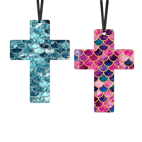 WIRESTER Set of 2 Aluminum Cross Hanging Ornaments for Christmas Tree Holidays Party Home Office Xmas Tree Decoration Gift - Mermaid Scales Blue Wave & Pink Mermaid Scales