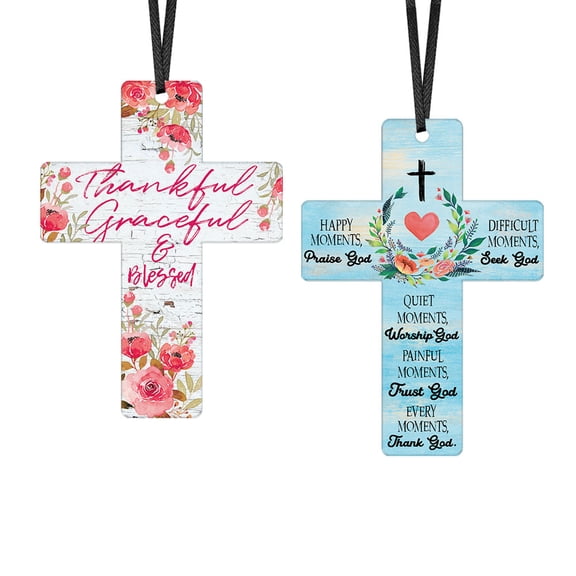 WIRESTER Set of 2 Aluminum Cross Hanging Ornaments for Christmas Tree Holidays Party Home Office Xmas Tree Decoration Gift - Watercolor Flower - Thankful Grateful & Blessed, Happy Moments With God