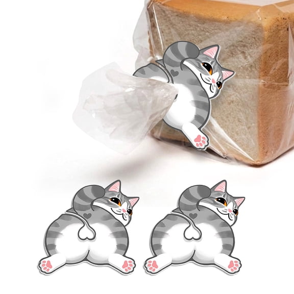 WIRESTER Set of 2 Plastic Bread Bag Clips, 4.73 Inch Funny Bag Holders, Cute Animal Food Bag Clips for Kitchen, Pantry & Home - Gray Tabby Cat Butt Looking Back