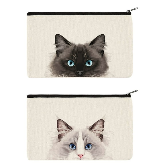 WIRESTER Set 2 of Canvas Cosmetic Bag, Makeup Bag, Cosmetic Pouch for Women - Animal Lilac Ragdoll Cat & Seal Point Ragdoll Cat