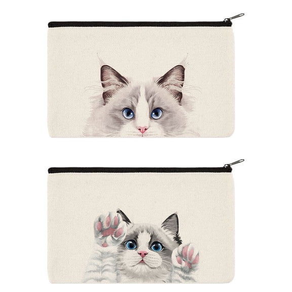 WIRESTER Set 2 of Canvas Cosmetic Bag, Makeup Bag, Cosmetic Pouch for Women - Animal White Silver Point Ragdoll Cat Paws Up & Lilac Ragdoll Cat