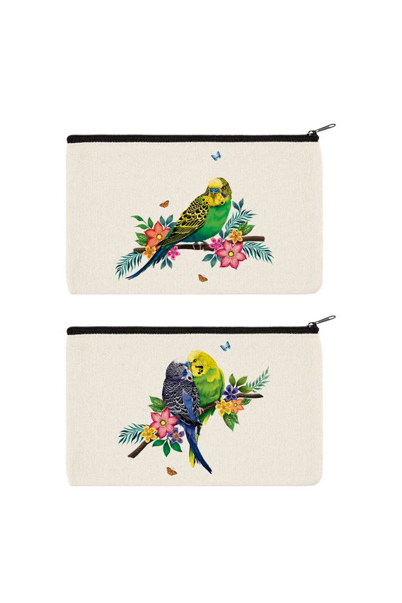 Set 2 of Canvas Cosmetic Bag, Makeup Bag, Cosmetic Pouch for Women - Budgie Parakeet Birds
