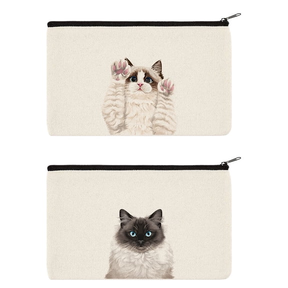 WIRESTER Set 2 of Canvas Cosmetic Bag, Makeup Bag, Cosmetic Pouch for Women - Seal Point Ragdoll Cat & Chocolate Bicolor Ragdoll Cat Paws Up