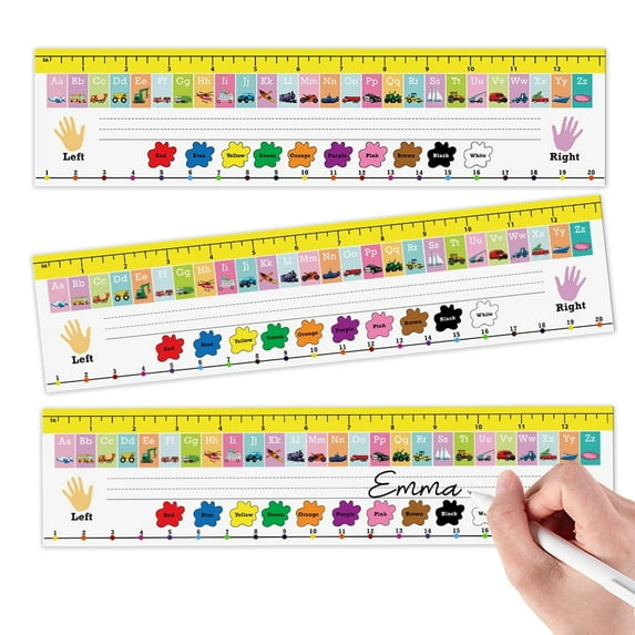 WIRESTER Set 25pcs Name Plates for Classroom School Student, Name Plate for Desk With Alphabet, Number Line, Ruler & More Classroom Essentials - Alphabet Vehicle Types