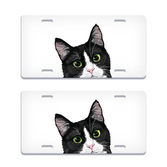 WIRESTER Set 2pcs 6" x 12" Aluminum Front Auto Drive Tag License Plate Decoration, Animal Black White Tuxedo Cat