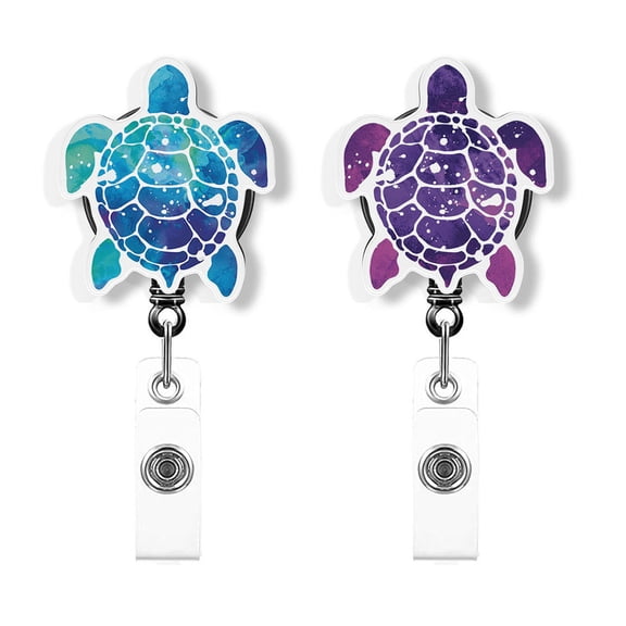 WIRESTER Set 2pcs Design Acrylic Key Card Holder Belt Clip Reel Id Badge Retractable - Animal Blue Purple Sea Turtles