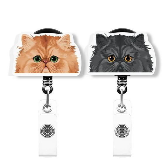 WIRESTER Set 2pcs Design Acrylic Key Card Holder Belt Clip Reel Id Badge Retractable - Black Persian, Red Tabby Persian Kitten Cats