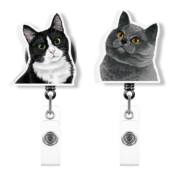 WIRESTER Set 2pcs Design Acrylic Key Card Holder Belt Clip Reel Id Badge Retractable - Black White Tuxedo, Blue Gray British Shorthair Cats