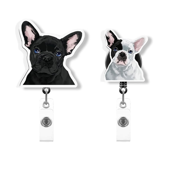 WIRESTER Set 2pcs Design Acrylic Key Card Holder Belt Clip Reel Id Badge Retractable - French Bulldog Puppy Dogs