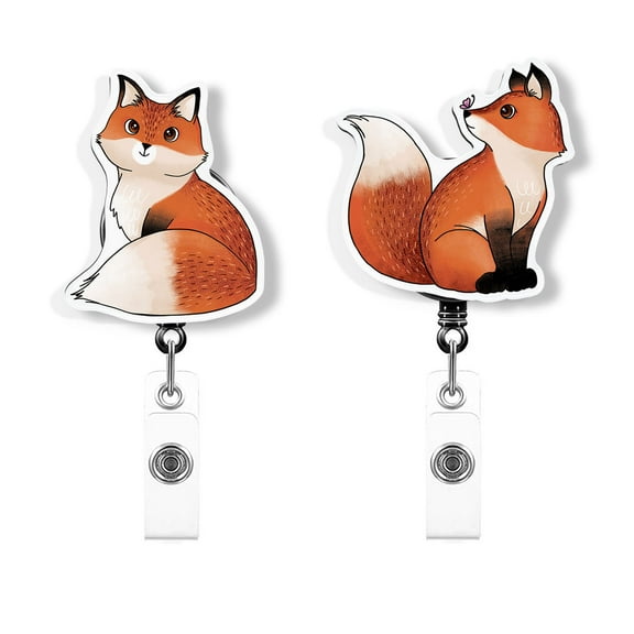 WIRESTER Set 2pcs Design Acrylic Key Card Holder Belt Clip Reel Id Badge Retractable - Red Fox Funny Playful Postures (S1)