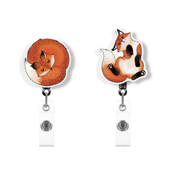 WIRESTER Set 2pcs Design Acrylic Key Card Holder Belt Clip Reel Id Badge Retractable - Red Fox Funny Playful Postures (S2)