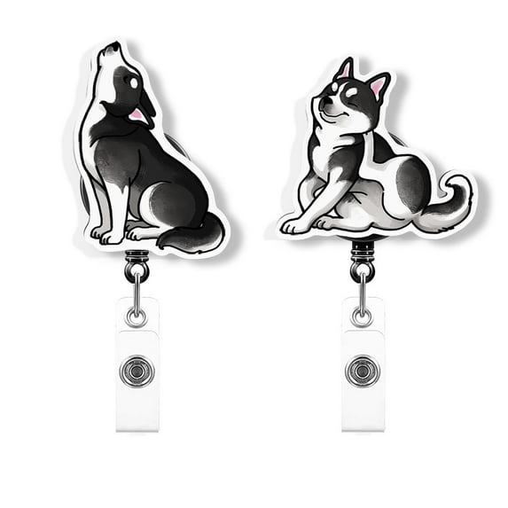 WIRESTER Set 2pcs Design Acrylic Key Card Holder Belt Clip Reel Id Badge Retractable - Siberian Husky Funny Playful Postures