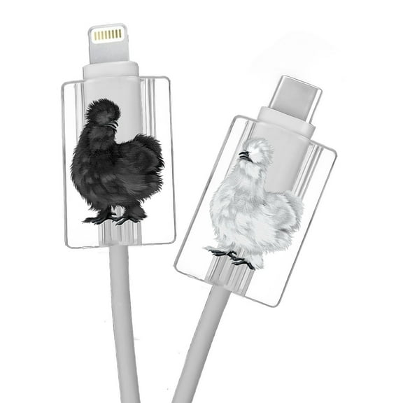 WIRESTER Set of 2pcs Headcover Cable Header USB Cable Protectors for Apple iPhone Cable & Other Cell Phone Cable - Black Silkie Chicken & White Silkie Chicken