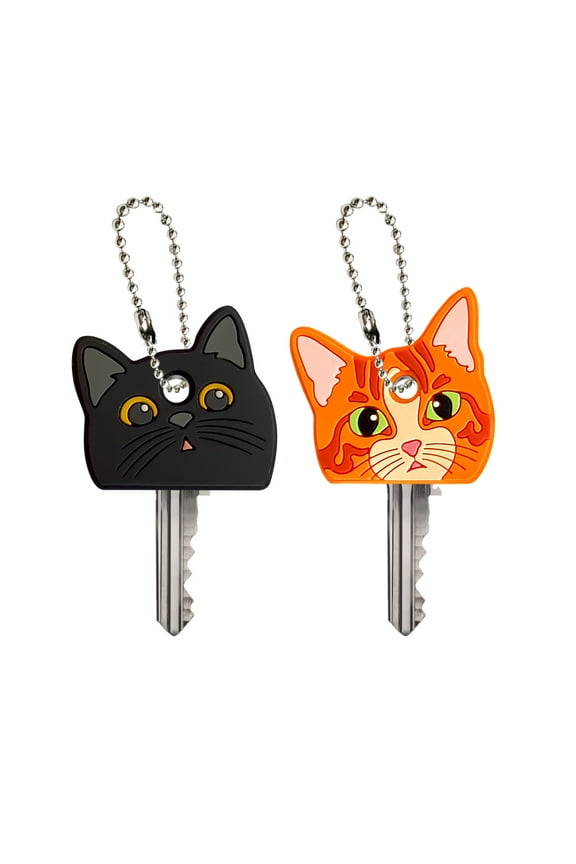 Set 2pcs Key Caps Silicone Key Ring Cap Cute Head Cover Keychain Case Shell Animals Shape Key Caps Covers Tags Handy Key Ring Holder - Orange Tabby Cat & Black Bombay Kitten Cat