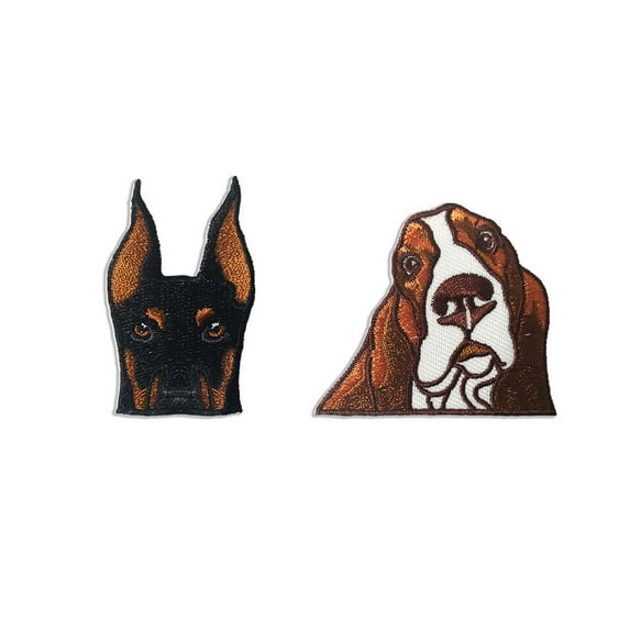 WIRESTER Set 2pcs Logo Sew Ironed On Badge Embroidery Applique Patch, DIY Vintage Embroidered Patches, for Hats, Jackets, Shirts, Vests and Jeans - Red Chocolate Doberman Pinscher + Basset Hound Dogs