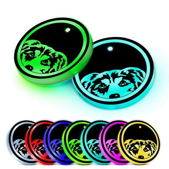 WIRESTER Set 2pcs Pack LED Cup Holder Lights Car Coaster with 7 Colors Changing USB Charging Mat Cup Pad Coaster Insert LED Interior Atmosphere Lamps - Animal Merle Aussie Australian Shepherd Dog