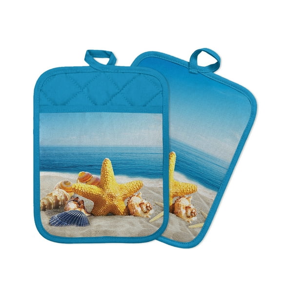 WIRESTER Set of 2pcs Pot Holders (7 x 9 Inch) Heat Resistant Potholder Multipurpose Hot Pad for Home Kitchen Cooking Baking Chef Microwave BBQ, Recycled Cotton Infill - Seashells On The Beach