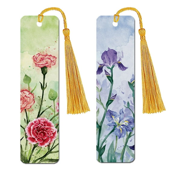WIRESTER Set 2pcs Rectangle Metal Bookmarks With Light Gold Tassels for Book Lovers, Page Markers for Students Teachers Reading - Carnations Flowers & Irises Flowers