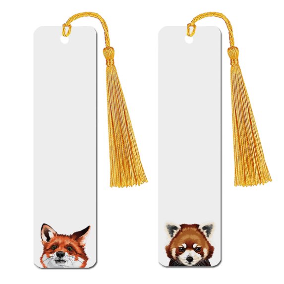 WIRESTER Set 2pcs Rectangle Metal Bookmarks With Light Gold Tassels for Book Lovers, Page Markers for Students Teachers Reading - Red Fox & Red Panda