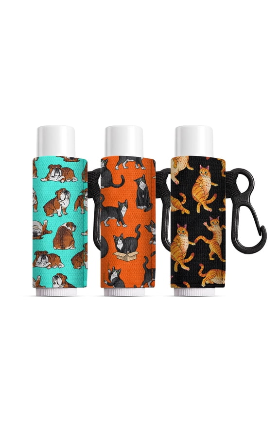 Set of 3pcs Chapstick Holder Keychain, Elastic Lip Balm Holder Sleeves for Women - English Bulldog & Black White Tuxedo Cat & Orange Tabby Cat Funny Playful Postures