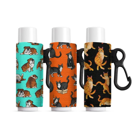 WIRESTER Set of 3pcs Chapstick Holder Keychain, Elastic Lip Balm Holder Sleeves for Women - English Bulldog & Black White Tuxedo Cat & Orange Tabby Cat Funny Playful Postures